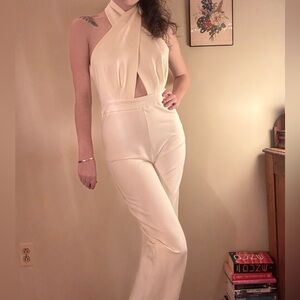Sleeveless White Halter Jumpsuit with Cutout